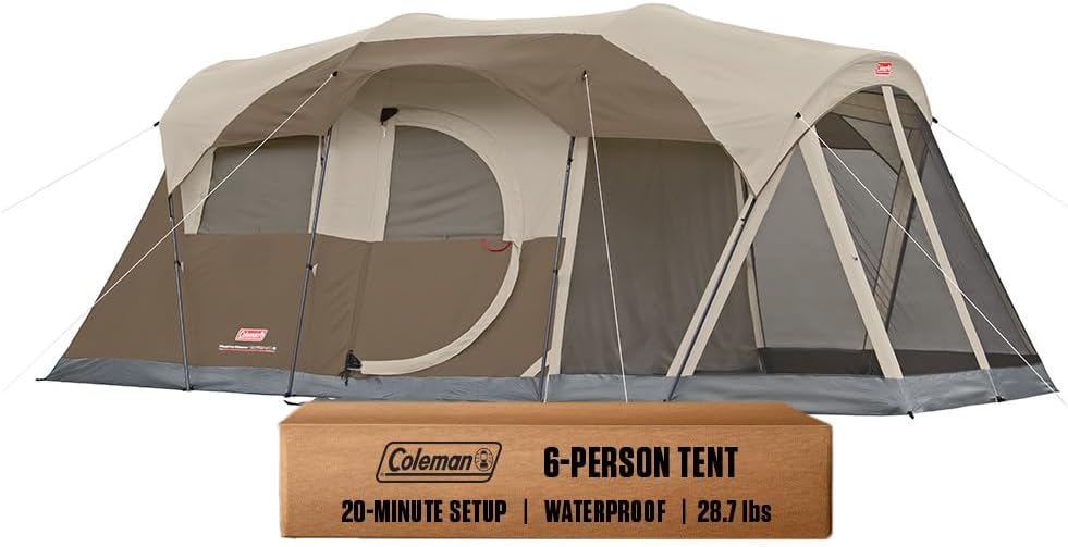 Coleman WeatherMaster 6-Person tent with screened porch set up at a family campsite