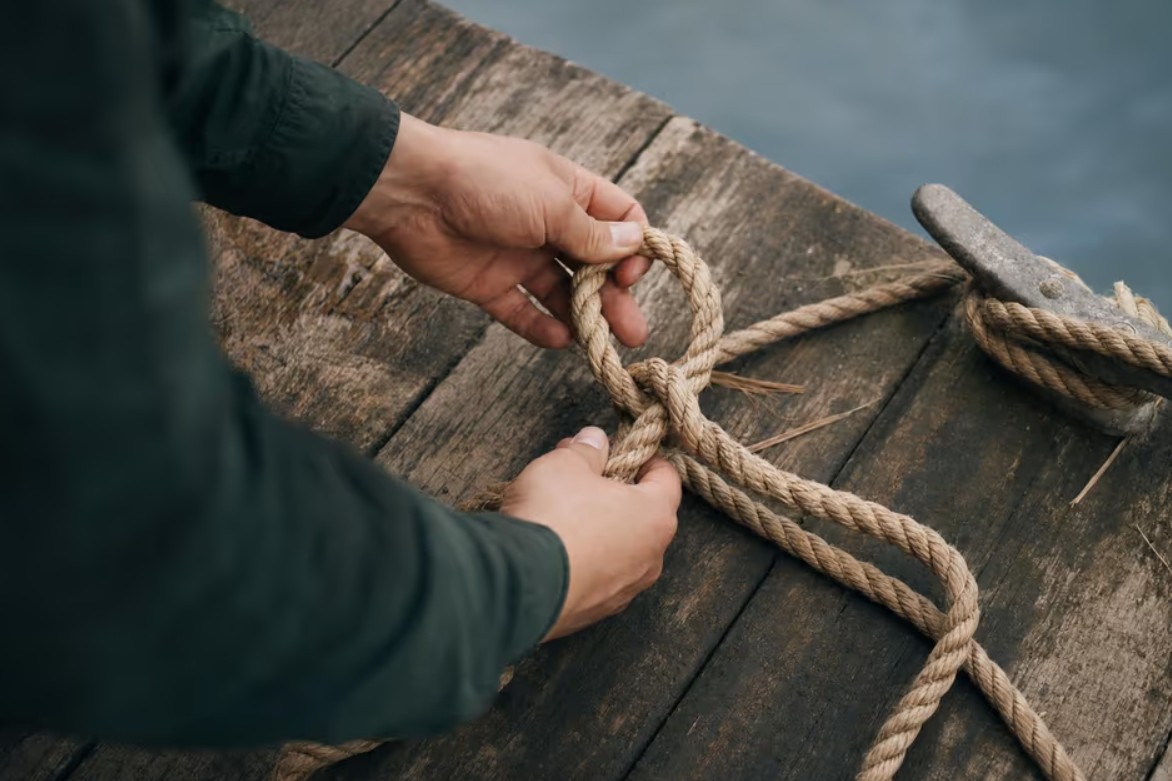 A close-up of hands tying a camping knot with rope at a campsite