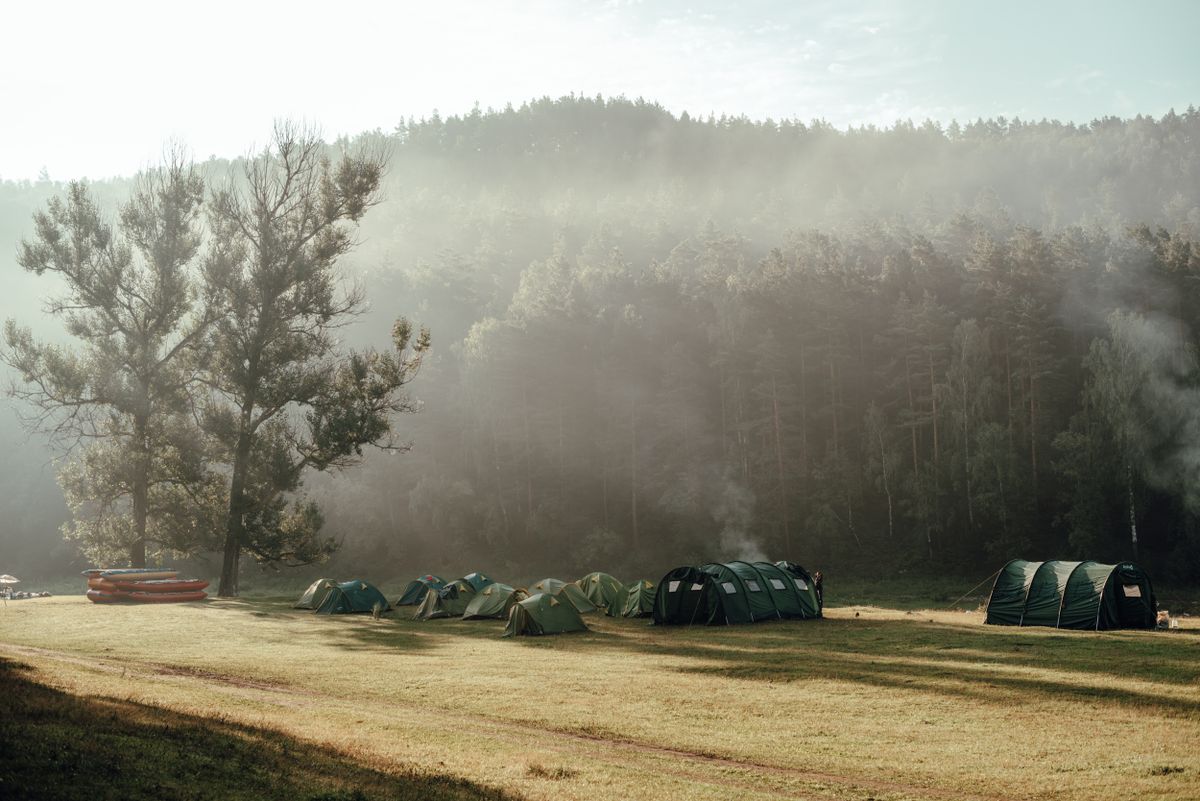 Family tents set up in a misty forest campground at sunrise