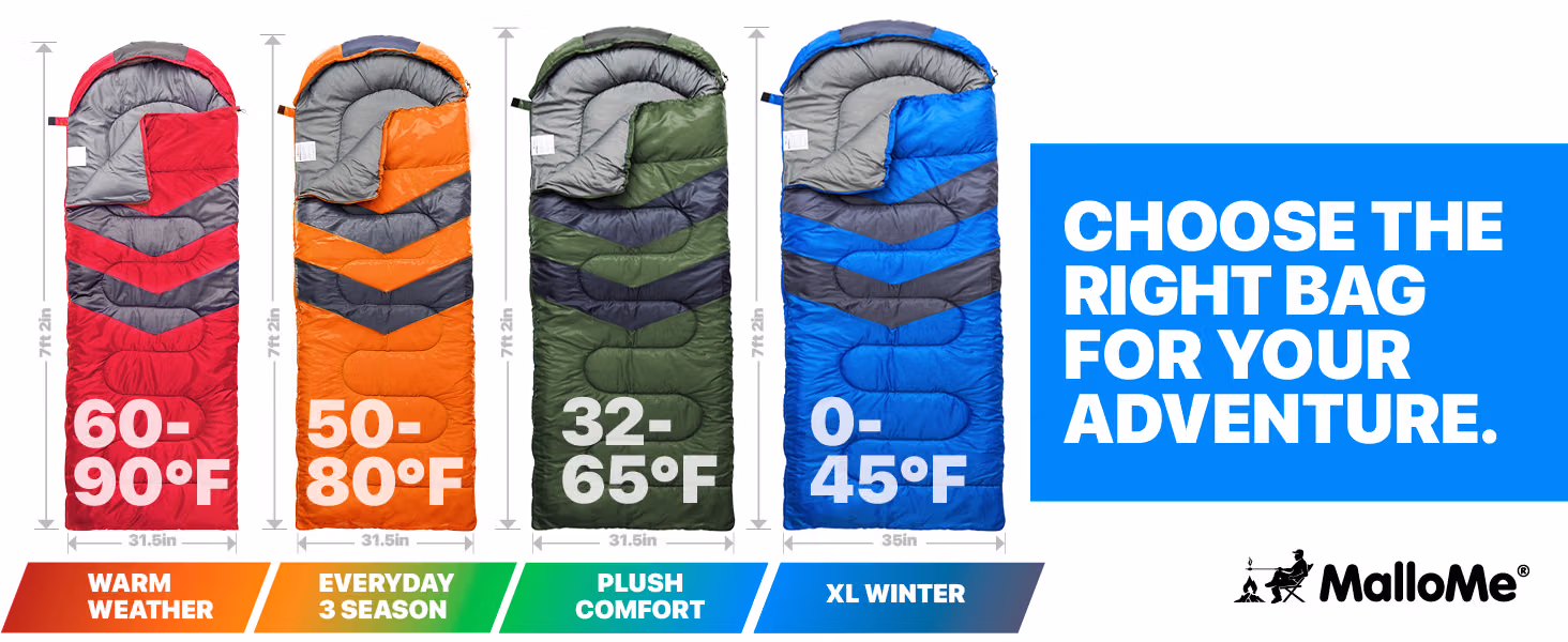 MalloMe sleeping bag in different colors laid out
