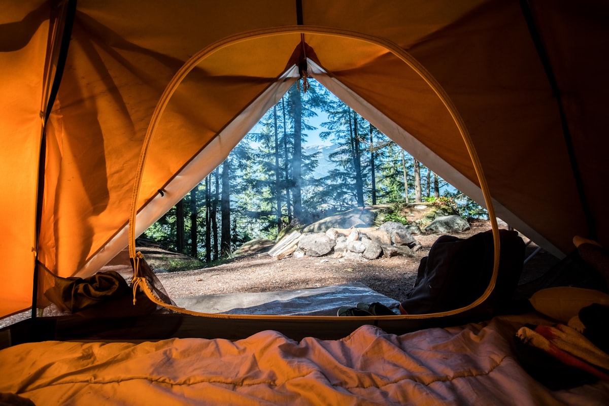 Campsite at sunrise with morning light